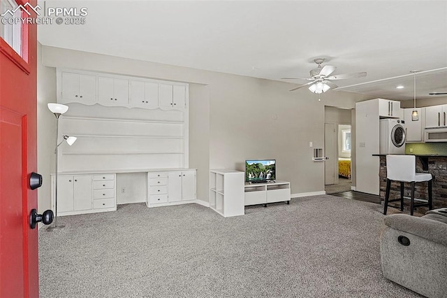 living room with recessed lighting, carpet, a ceiling fan, and baseboards