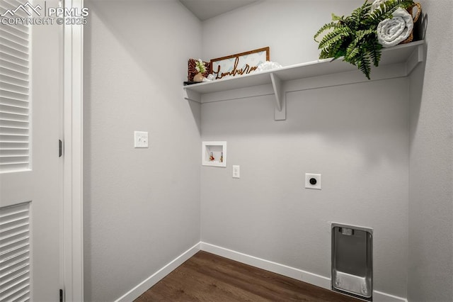 6375 Laud Pt, Colorado Springs, CO 80924 - laundry room with laundry area, electric dryer hookup, dark wood-type flooring, washer hookup, and baseboards