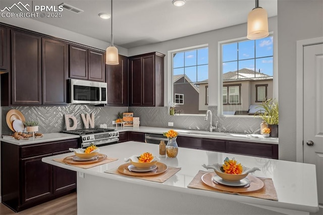 6375 Laud Pt, Colorado Springs, CO 80924 - kitchen featuring visible vents, a sink, light countertops, dark brown cabinetry, and stainless steel appliances