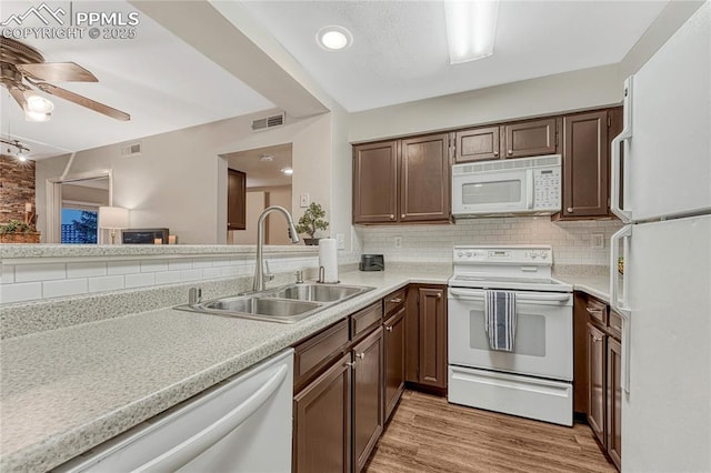 kitchen featuring ceiling fan, visible vents, light wood-type flooring, a sink, and white appliances