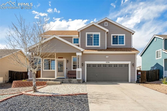 view of front of house featuring a porch, fence, a garage, and concrete driveway