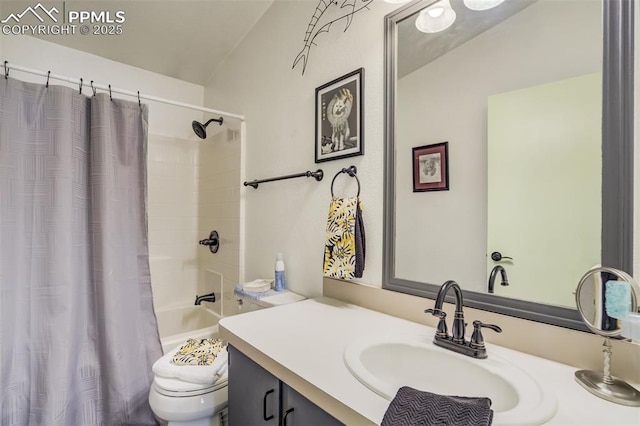 full bath with toilet, shower / bath combination with curtain, and vanity