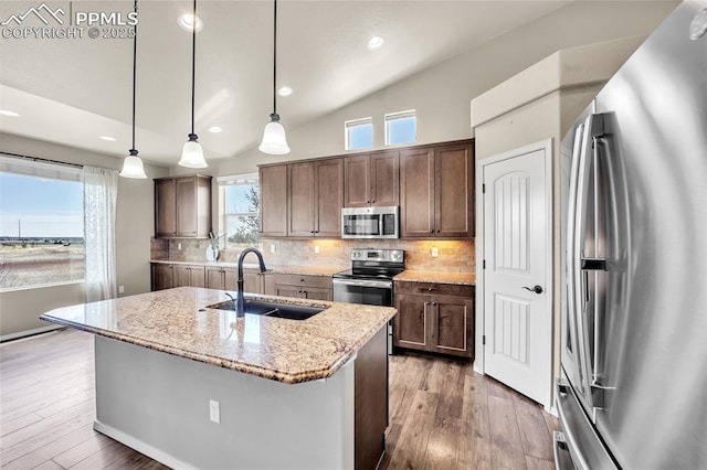 8421 Crooked Branch Ln, Colorado Springs, CO 80927 - kitchen with appliances with stainless steel finishes, light stone counters, a sink, decorative backsplash, and light wood-type flooring