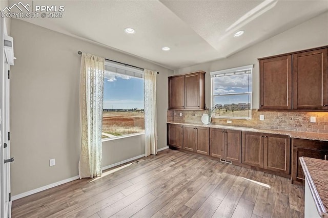 8421 Crooked Branch Ln, Colorado Springs, CO 80927 - kitchen with decorative backsplash, vaulted ceiling, light wood-type flooring, and a wealth of natural light