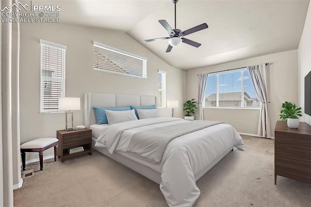 8421 Crooked Branch Ln, Colorado Springs, CO 80927 - bedroom with a ceiling fan, baseboards, light carpet, and lofted ceiling