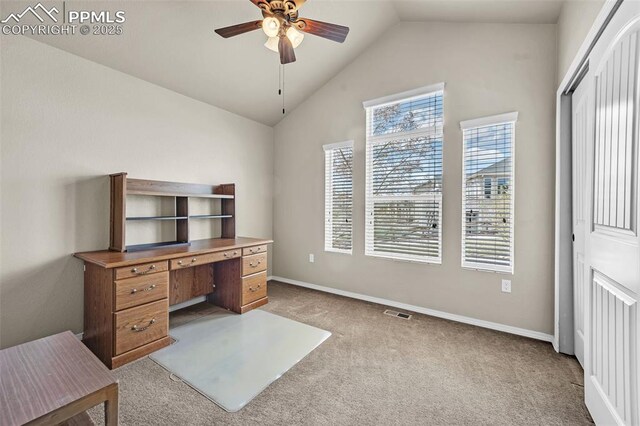8421 Crooked Branch Ln, Colorado Springs, CO 80927 - unfurnished office featuring ceiling fan, visible vents, vaulted ceiling, carpet floors, and baseboards