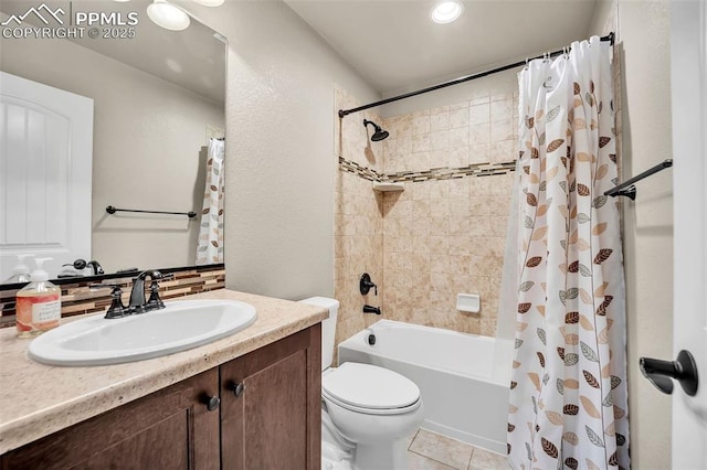 8421 Crooked Branch Ln, Colorado Springs, CO 80927 - bathroom with vanity, tile patterned floors, shower / bath combo with shower curtain, and toilet