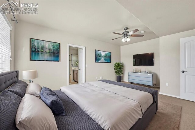 8421 Crooked Branch Ln, Colorado Springs, CO 80927 - bedroom featuring carpet floors, a ceiling fan, baseboards, and multiple windows
