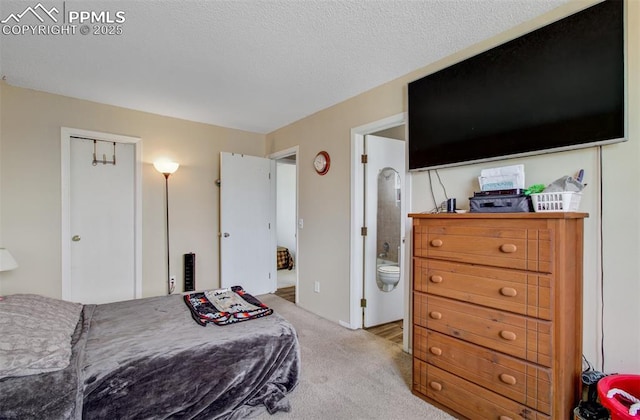 bedroom with ensuite bath and carpet floors