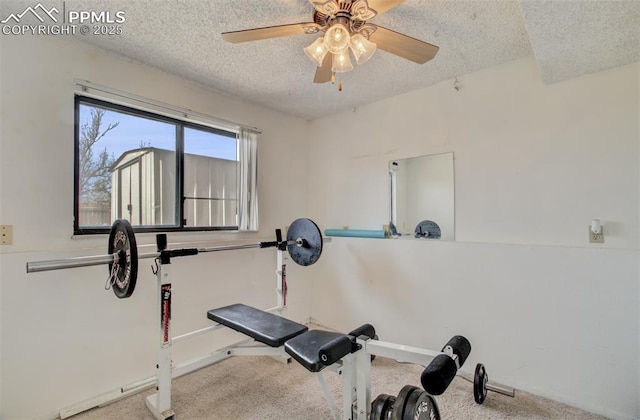 exercise area with a textured ceiling, a ceiling fan, carpet floors, and baseboards