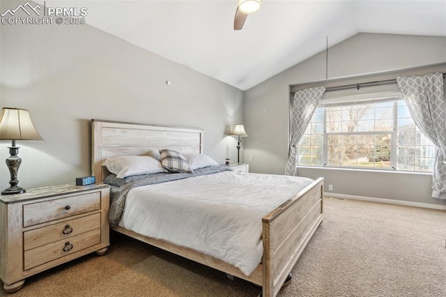 bedroom featuring baseboards, lofted ceiling, ceiling fan, and light carpet