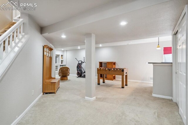 rec room featuring baseboards, carpet flooring, and recessed lighting
