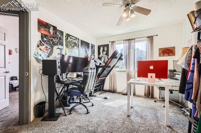 interior space featuring a textured ceiling, carpet, and ceiling fan
