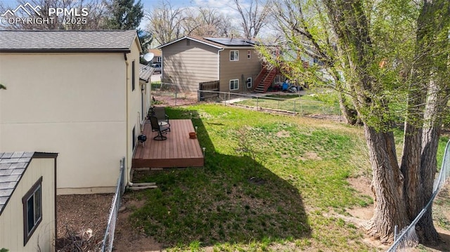 view of yard featuring a fenced backyard and a wooden deck