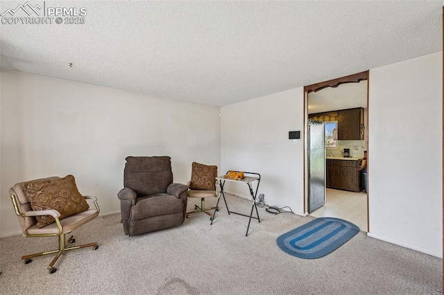 sitting room with carpet floors, a textured ceiling, and baseboards