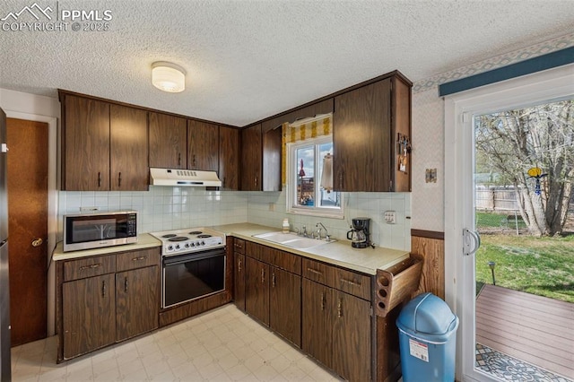kitchen featuring a sink, stainless steel microwave, light floors, light countertops, and under cabinet range hood