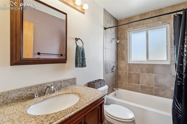 full bathroom featuring shower / tub combo, toilet, and vanity