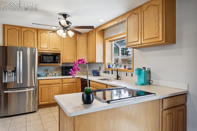 kitchen featuring a sink, black microwave, stainless steel fridge with ice dispenser, stovetop, and light countertops