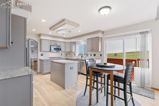 11960 S Conestoga Trl, Elbert, CO 80106 - kitchen with stainless steel microwave, gray cabinets, tasteful backsplash, light wood finished floors, and recessed lighting