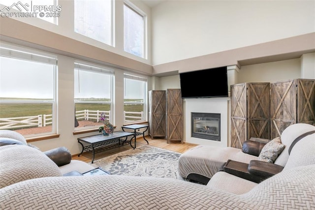 11960 S Conestoga Trl, Elbert, CO 80106 - living room with a high ceiling, wood finished floors, and a glass covered fireplace