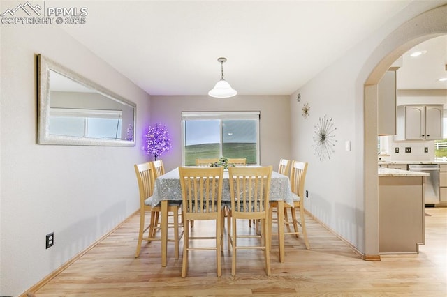 11960 S Conestoga Trl, Elbert, CO 80106 - dining space featuring arched walkways, light wood finished floors, and baseboards