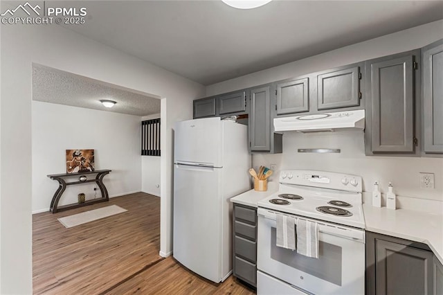 kitchen featuring under cabinet range hood, light countertops, gray cabinets, white appliances, and light wood-style floors