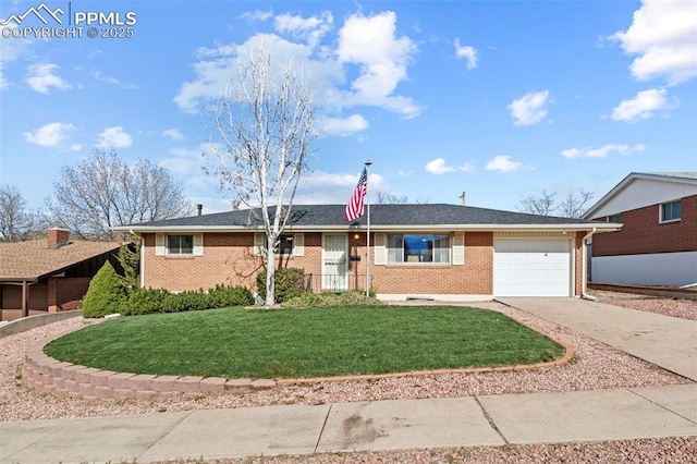 single story home featuring brick siding, driveway, a front yard, and a garage