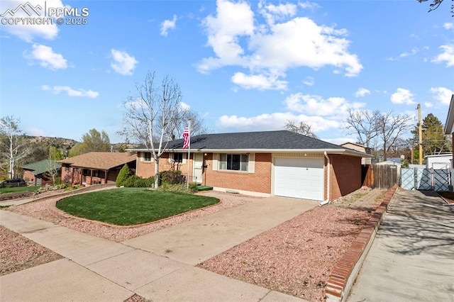 ranch-style house with a front yard, a garage, brick siding, fence, and concrete driveway
