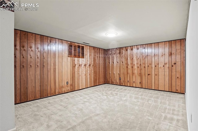 carpeted empty room featuring wooden walls