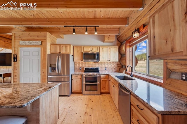 654 High Pasture Rd, Florissant, CO 80816 - kitchen featuring appliances with stainless steel finishes, a sink, wood ceiling, light wood-style flooring, and light brown cabinets