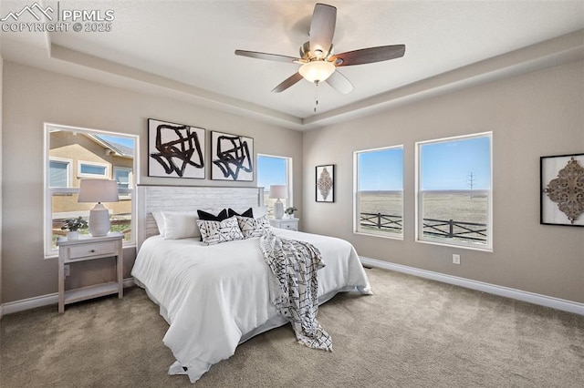 carpeted bedroom featuring a raised ceiling, ceiling fan, baseboards, and multiple windows