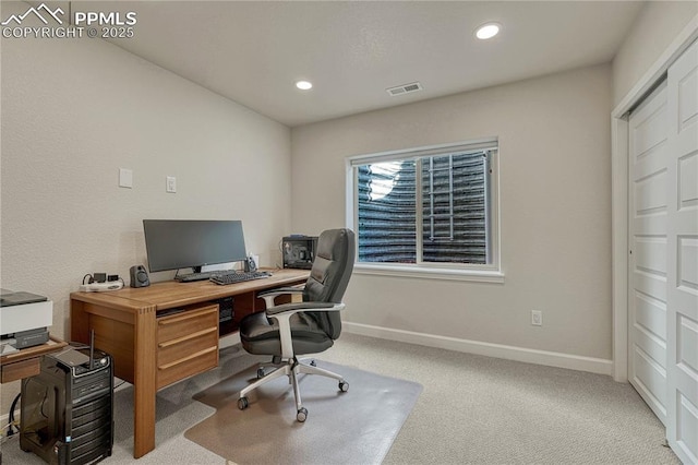 4464 Portillo Pl, Colorado Springs, CO 80924 - carpeted home office with baseboards, visible vents, and recessed lighting
