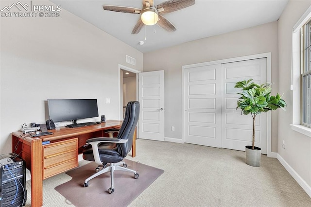4464 Portillo Pl, Colorado Springs, CO 80924 - carpeted home office featuring baseboards, visible vents, and ceiling fan
