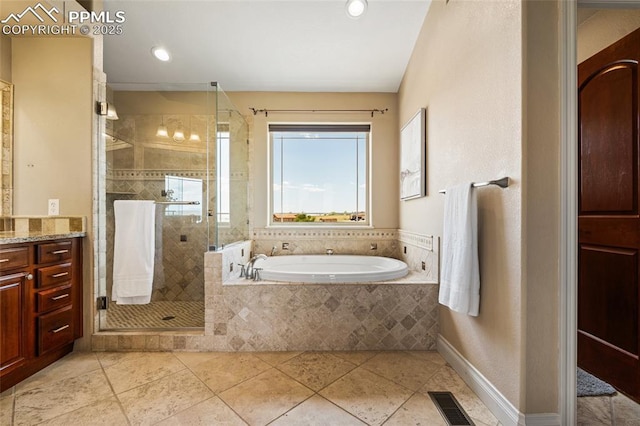 full bath with vanity, a garden tub, a stall shower, and recessed lighting