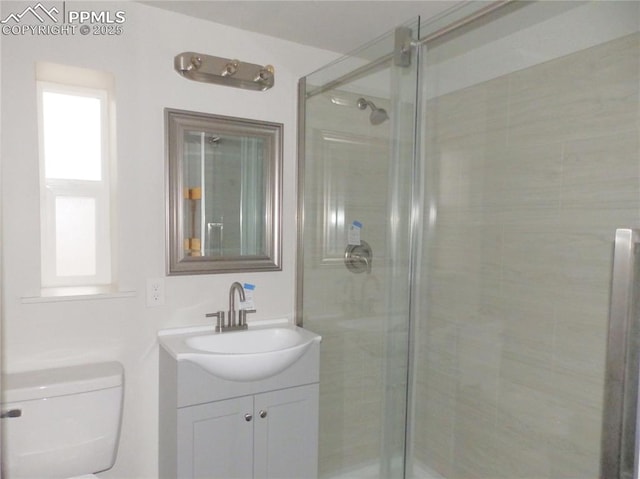 bathroom featuring vanity, a shower stall, and toilet