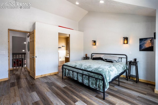 bedroom featuring recessed lighting, baseboards, wood finished floors, and high vaulted ceiling