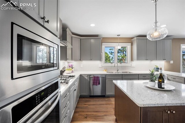 kitchen featuring gray cabinets, appliances with stainless steel finishes, plenty of natural light, and a sink