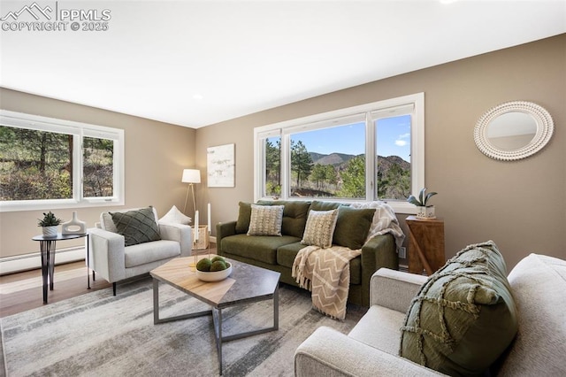 living area featuring baseboard heating and wood finished floors