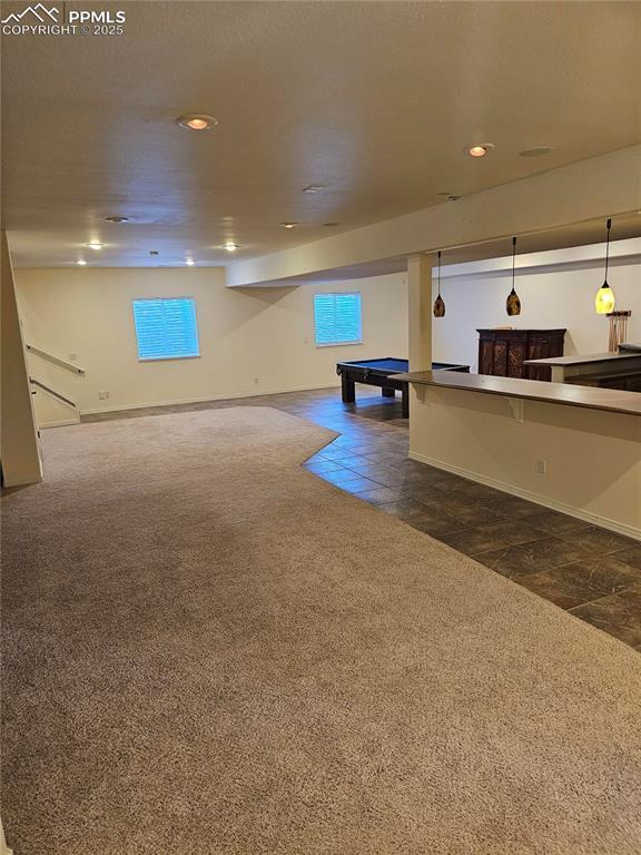interior space featuring recessed lighting, dark carpet, and billiards