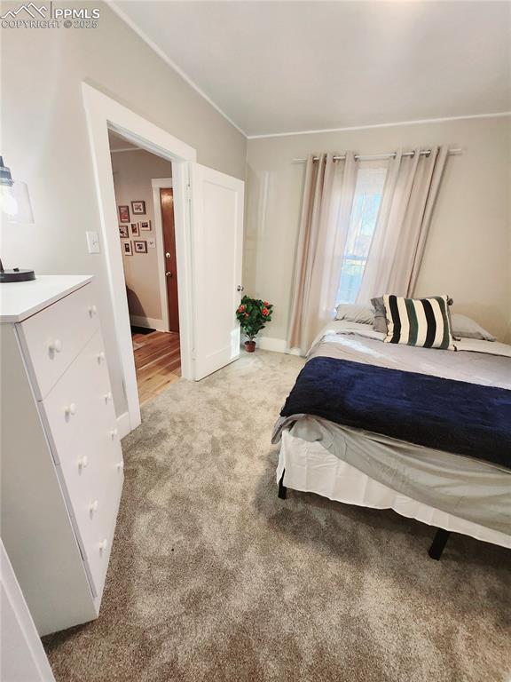 bedroom with baseboards and light carpet