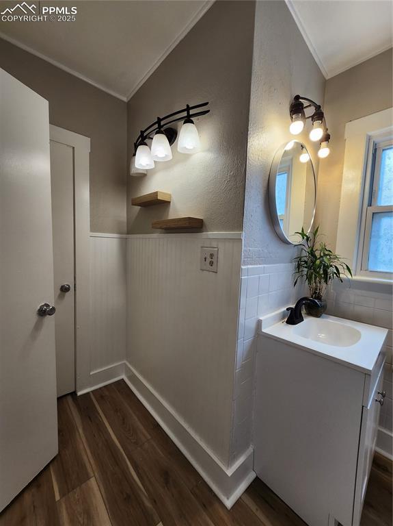 bathroom featuring wood finished floors, vanity, ornamental molding, and wainscoting