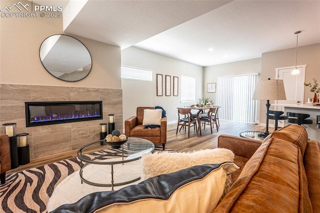 living room featuring wood finished floors, a tiled fireplace, and baseboards