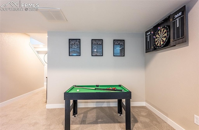 game room with carpet, baseboards, and billiards