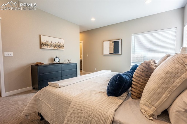 bedroom with light carpet, baseboards, and recessed lighting