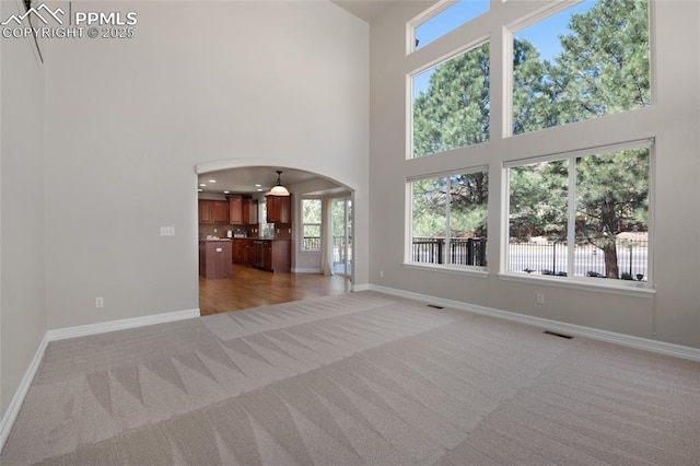 7436 Centennial Glen Dr, Colorado Springs, CO 80919 - unfurnished living room featuring visible vents, arched walkways, a high ceiling, and light carpet