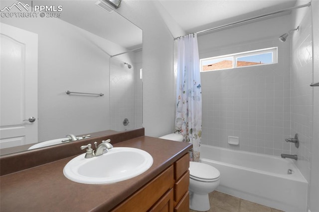 7436 Centennial Glen Dr, Colorado Springs, CO 80919 - full bathroom with visible vents, tile patterned flooring, vanity, toilet, and shower / bathtub combination with curtain