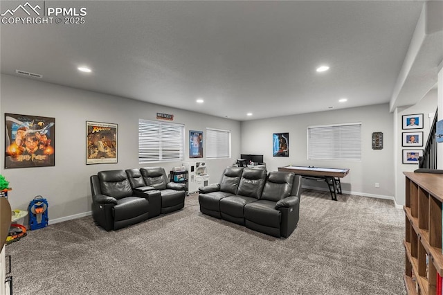 home theater room featuring recessed lighting, visible vents, carpet, and baseboards