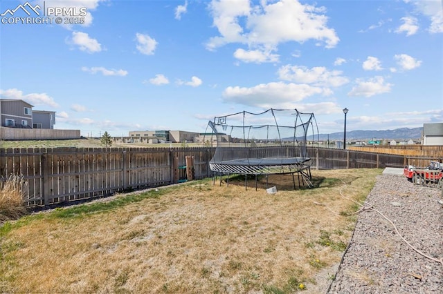 view of yard featuring a trampoline and a fenced backyard