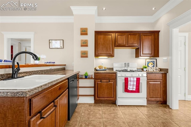 kitchen featuring light tile patterned floors, black dishwasher, ornamental molding, a sink, and white range with gas stovetop