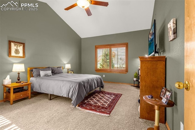 bedroom with baseboards, a ceiling fan, carpet flooring, and high vaulted ceiling